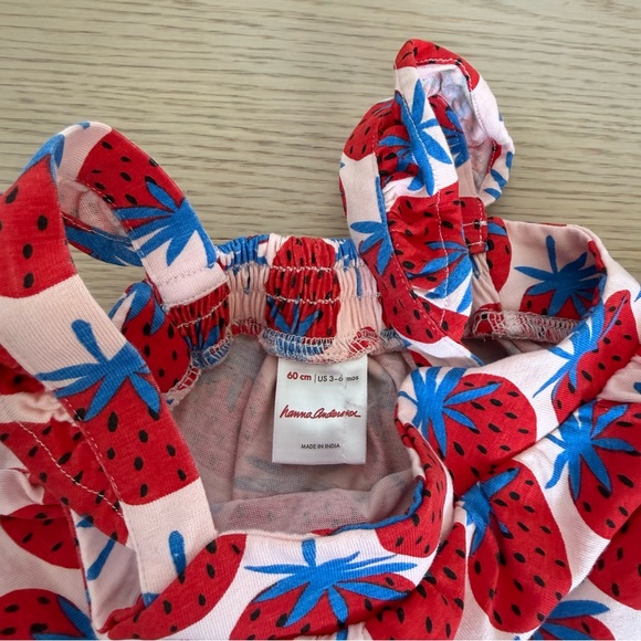 Hanna Andersson Blue Pink Strawberry Dress Infant 3-6 Months Fruit Summer Farm - Picture 2 of 5